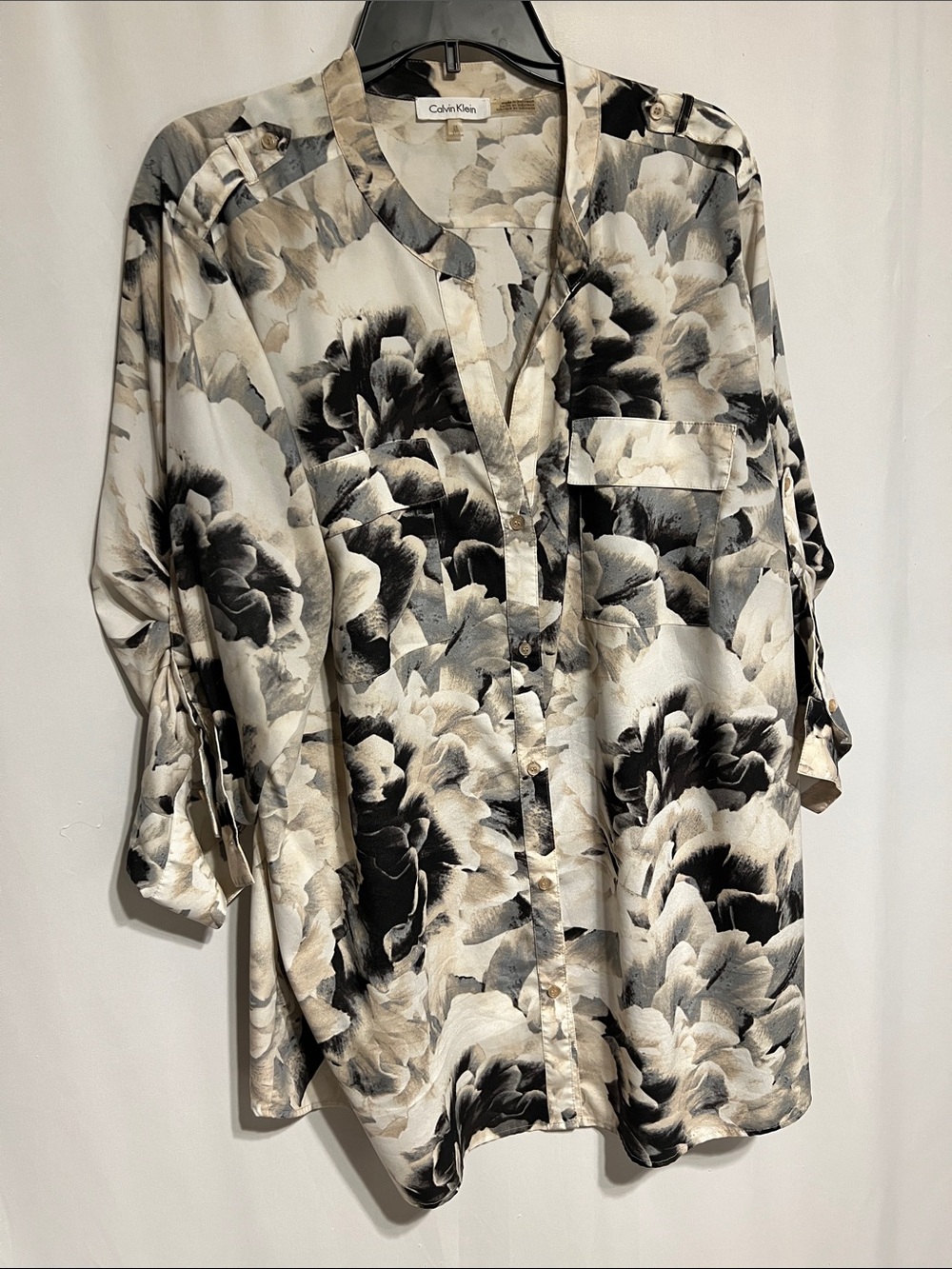 Calvin Klein Women's Plus Size Black, Cream & Gray Floral Button-Down Shirt